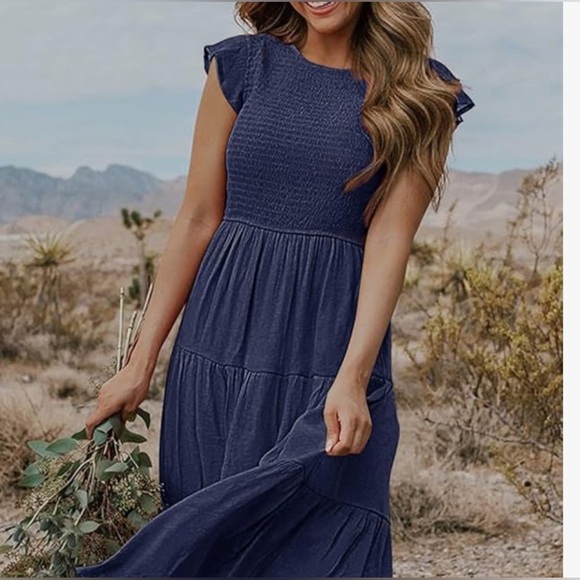 MEROKEETY  Flutter Short Sleeve Smocked Midi  Summer Casual Tiered A-Line Dress - Picture 3 of 8